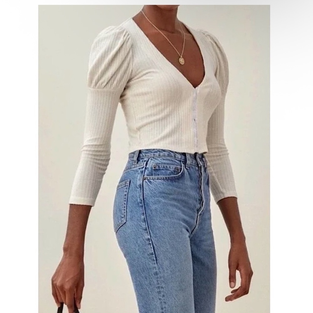 Reformation Einkorn Puff Sleeve Knit Top, Cream, Sz XS